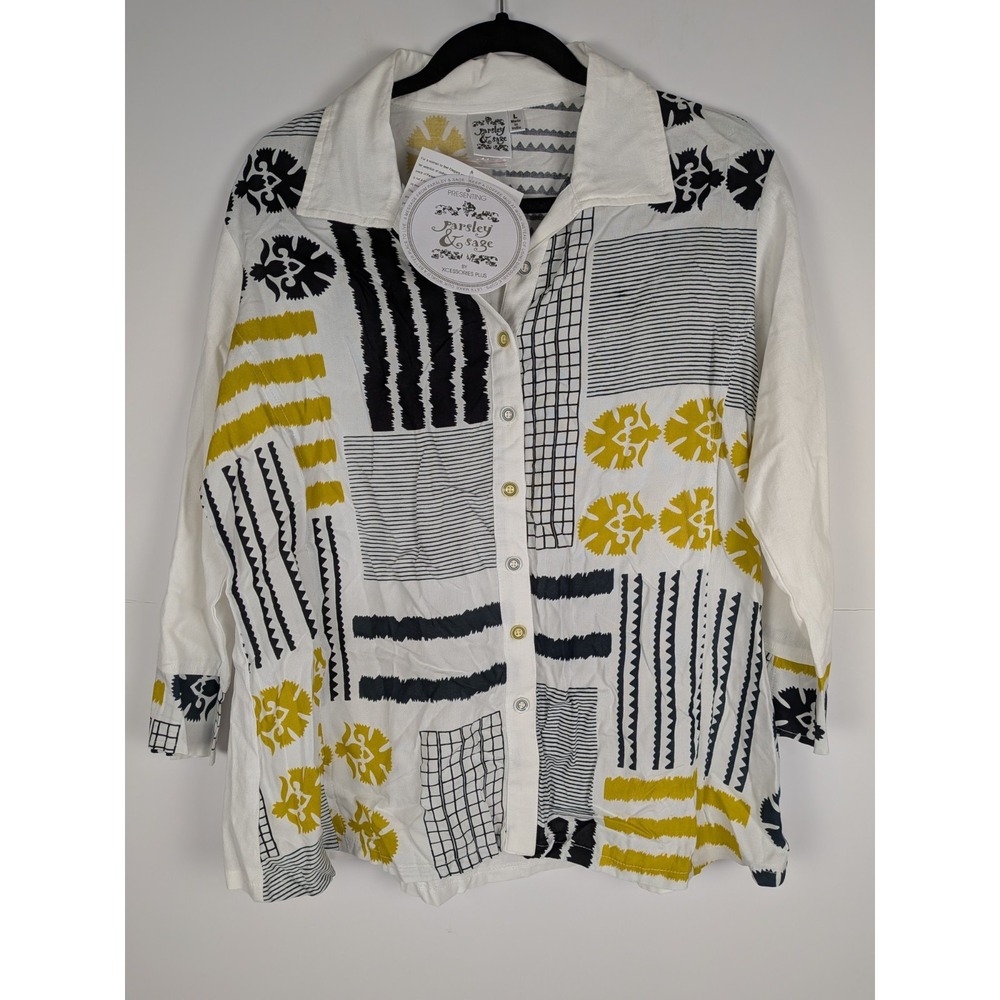 Parsley & Sage Button Up Shirt/Top Sz. L White Black Yellow 3/4 Sleeve